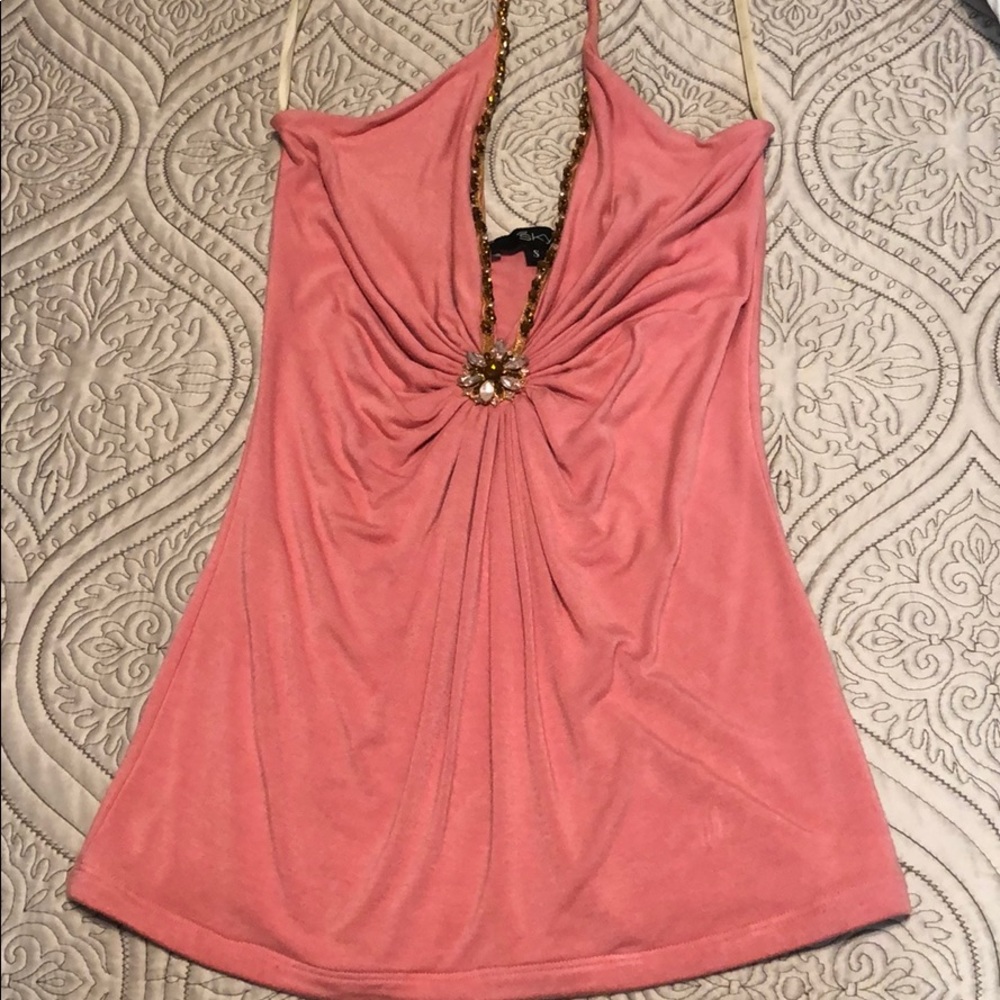 Sky salmon halter jeweled top